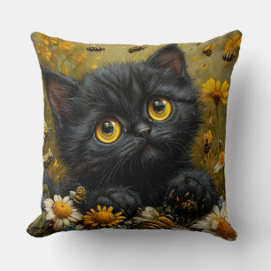 Adorable Black Kitten Among Flowers Cushion