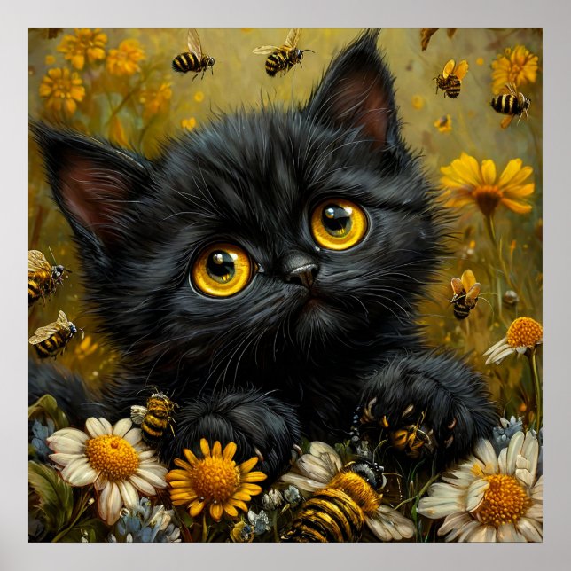 Adorable Black Kitten Among Flowers Poster (Front)