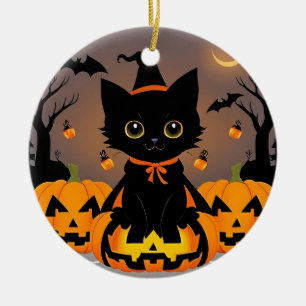 Adorable Black Kitten in Witch Hat Ceramic Ornament