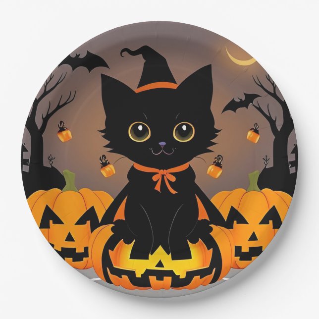 Adorable Black Kitten in Witch Hat Paper Plate (Front)
