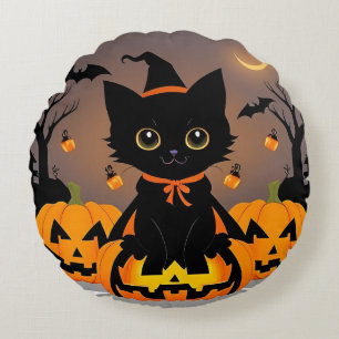 Adorable Black Kitten in Witch Hat Round Cushion