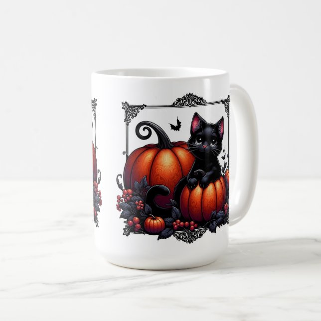 Adorable Black Kitten With Pumpkins  Coffee Mug (Front Right)