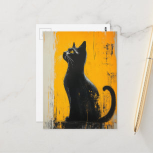 adorable black kitty grunge yellow background postcard