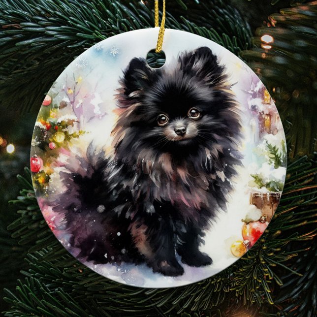 Adorable Black Pomeranian Watercolor Christmas Ceramic Ornament (Creator Uploaded)