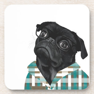 Adorable Black Pug With Glasses and Shirt Coaster