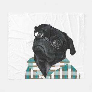 Adorable Black Pug With Glasses and Shirt Fleece Blanket