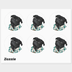 Adorable black pug with glasses  classic round sticker