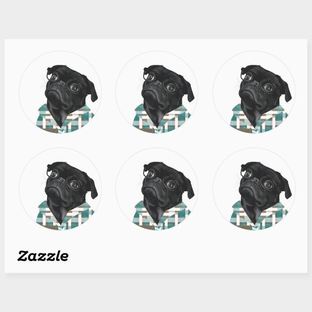 Adorable black pug with glasses  classic round sticker (Sheet)