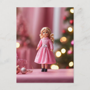 Adorable Blonde Doll in Pink Christmas  Postcard