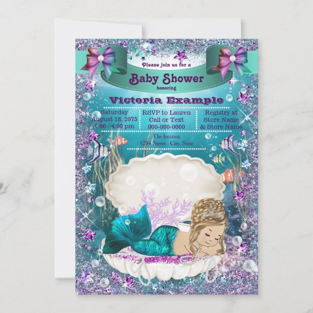 Adorable Blonde Mermaid Princess Baby Shower Invitation (Front)