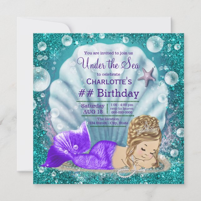Adorable Blonde Mermaid Under the Sea Birthday Invitation (Front)