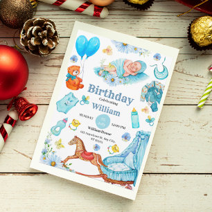 Adorable Blue Baby Birthday Invitation