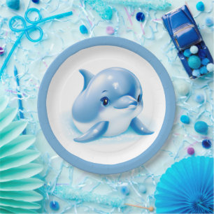 Adorable Blue Baby Dolphin Paper Plate