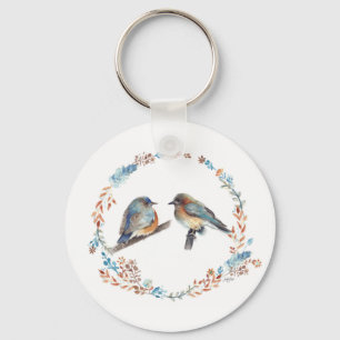 Adorable Blue Bird Couple Watercolor Art Key Ring
