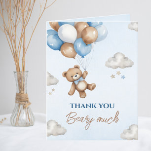 Adorable Blue Brown Bear Ballons Baby Shower  Thank You Card