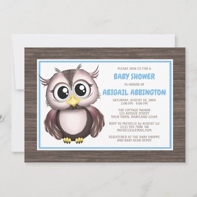 Adorable Blue Brown Owl Baby Shower Invitations (Front)