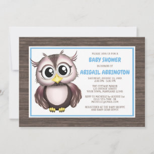 Adorable Blue Brown Owl Baby Shower Invitations