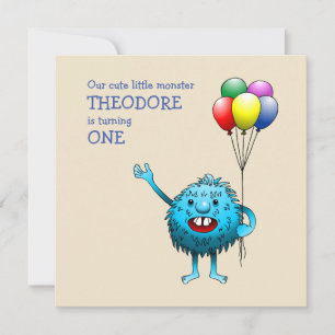 Adorable Blue Creature holding Balloons Invitation