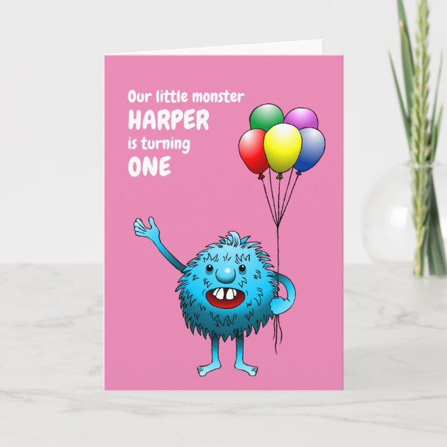 Adorable Blue Creature holding Balloons Invitation (Front)
