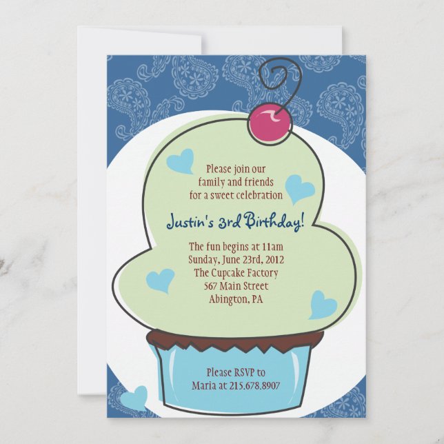 Adorable Blue Cupcake Birthday Invitation (Front)