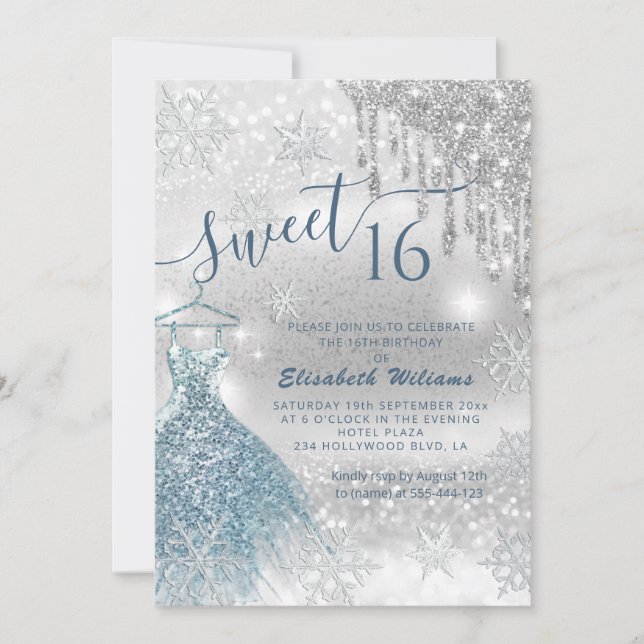 Adorable blue dress silver glittery drips ombre in invitation (Front)