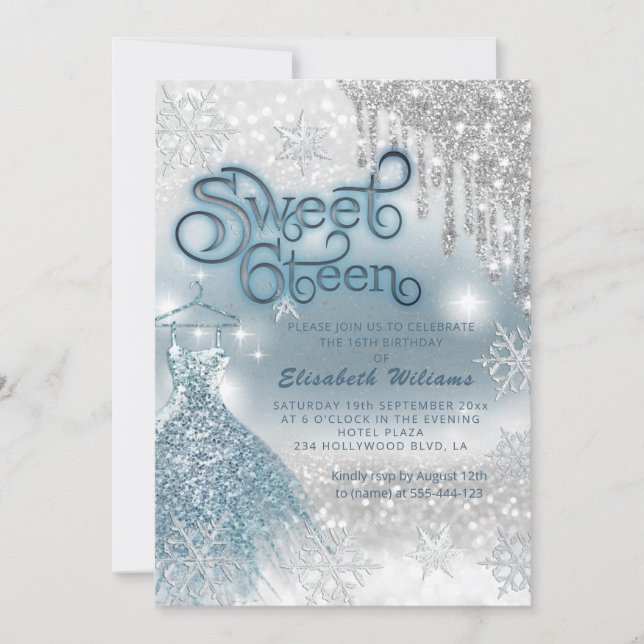 Adorable blue dress silver glittery drips ombre  invitation (Front)