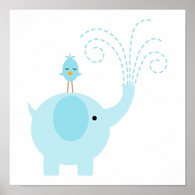 Adorable Blue Elephant and Bird Poster (Front)
