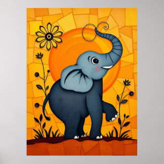 Adorable Blue Elephant with Floral Accents Poster