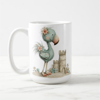ADORABLE BLUE FLAMINGO ON THE BEACH WITH SUNCASTLE COFFEE MUG
