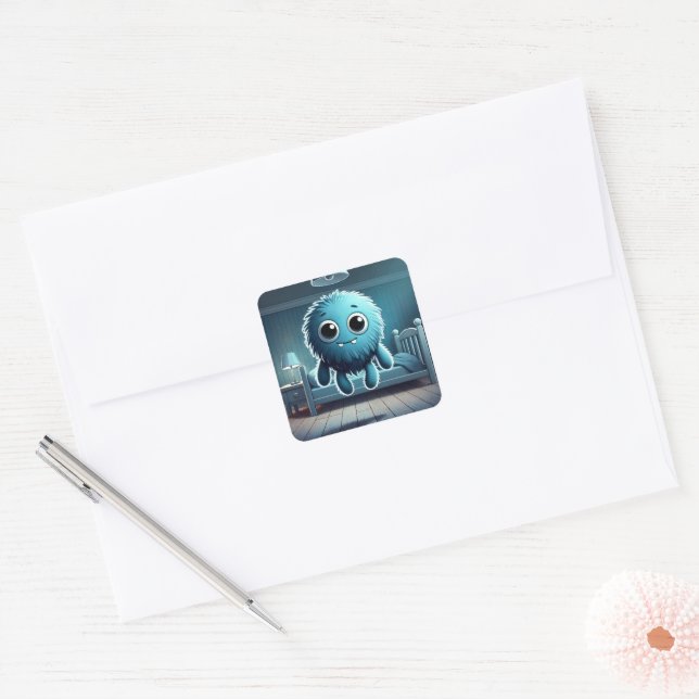 Adorable Blue Fluffy Creature Square Sticker (Envelope)
