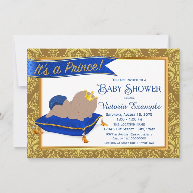 Adorable Blue Gold Ethnic Prince Baby Shower Invitation (Front)