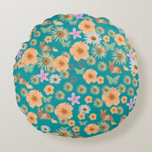 Adorable blue pattern floral rabbits round cushion
