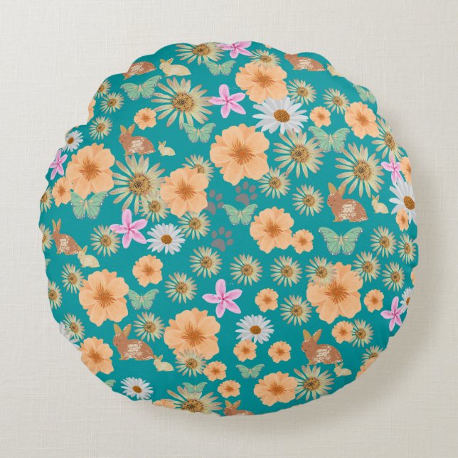 Adorable blue pattern floral rabbits  round cushion (Front)