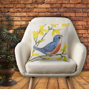 Adorable Blue Red Singing Bird Yellow Flowers Cushion