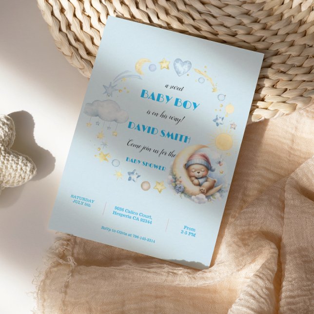 Adorable Blue Stars and Moon Sleepy Teddy Bear Invitation (Creator Uploaded)