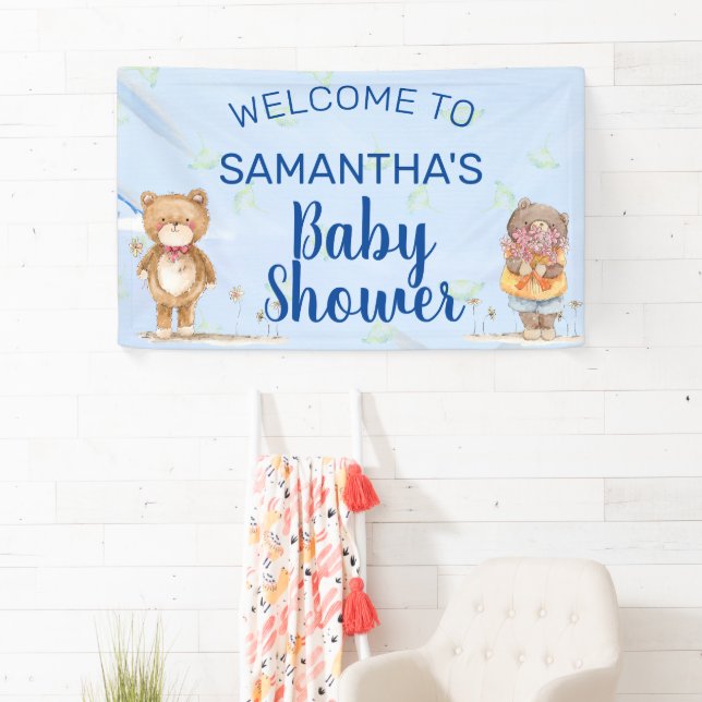 Adorable Blue Watercolor Bears Boy Baby Shower Banner (Insitu)