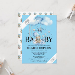 Adorable Blue Watercolor Teddy Bear Baby Shower Invitation