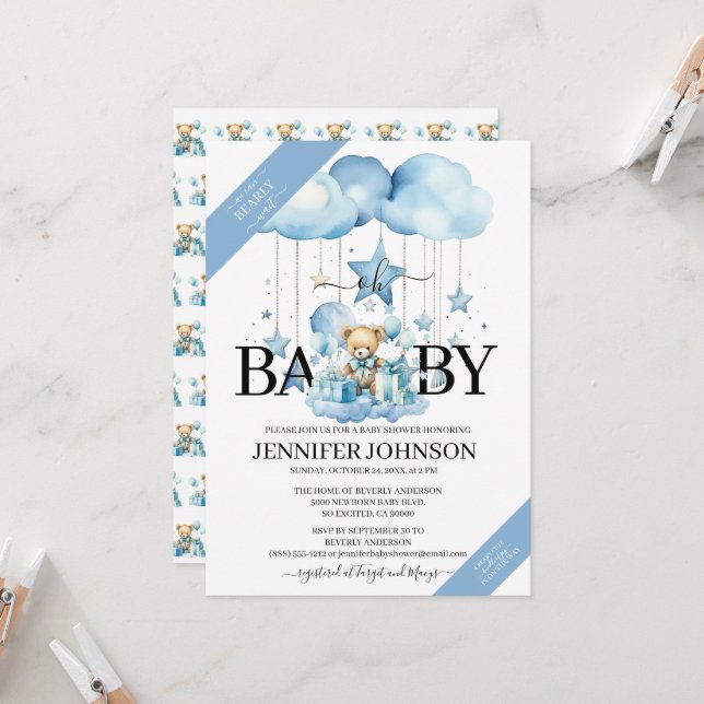 Adorable Blue Watercolor Teddy Bear Baby Shower Invitation (Front/Back In Situ)