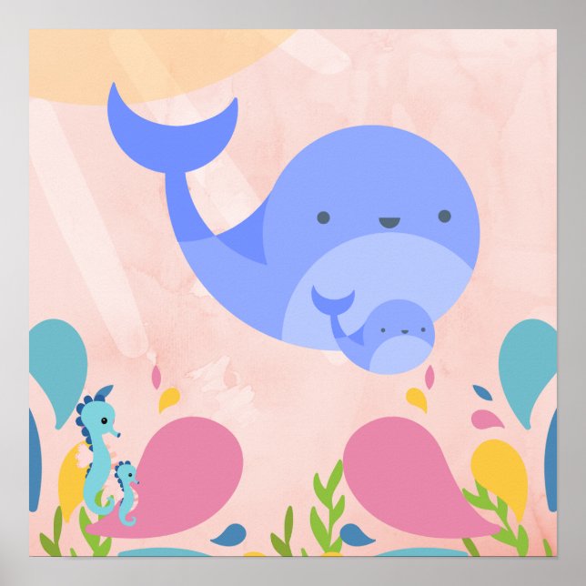 Adorable blue whales in a baby pink ocean scene, poster (Front)