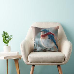 Adorable Bluebird in a Scarf  Cushion