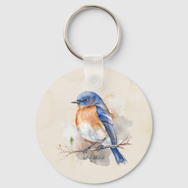 Adorable Bluebird Rustic Watercolor Key Ring (Front)