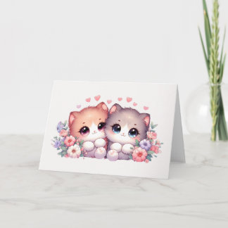 Adorable Blushing Kitten Pair Heart & Floral Blank Card