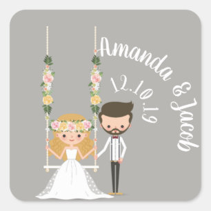 Adorable Boho Hipster Wedding Couple Square Sticker