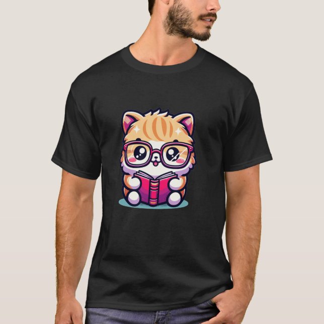 Adorable Book Lover Persian Cat With Reading Glass T-Shirt (Front)