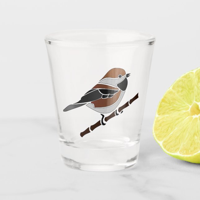 Adorable Boreal Chickadee Bird Cartoon Shot Glass (Front)