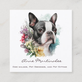 Adorable Boston Terrier and Flowers Watercolor Square Business Card