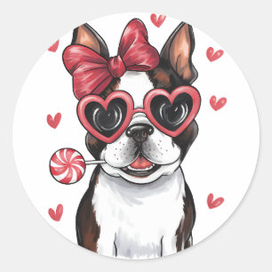 Adorable Boston Terrier Enjoying Lollipop Valentin Classic Round Sticker