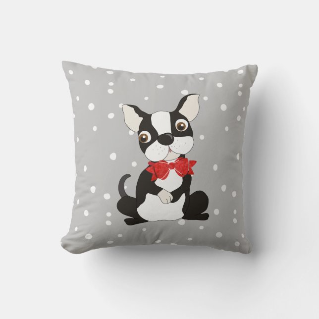 Adorable Boston Terrier in Bow Tie Cushion (Front)