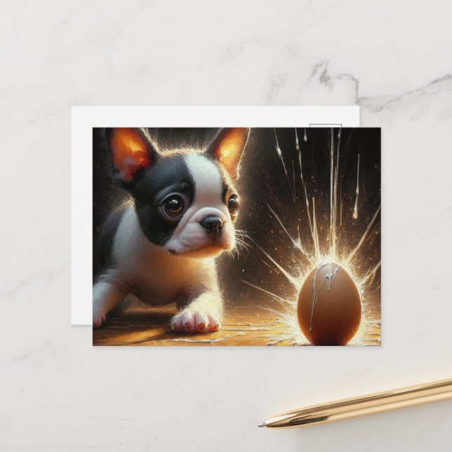 Adorable Boston Terrier Puppy Broken Egg Postcard (Front/Back In Situ)