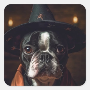 Adorable Boston Terrier Witch Square Sticker